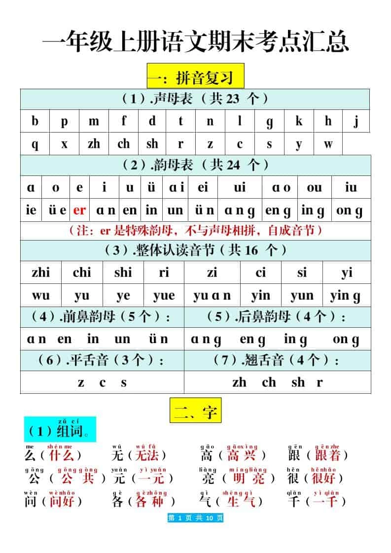 一年级上语文期末考点汇总（10页）-倾慕网