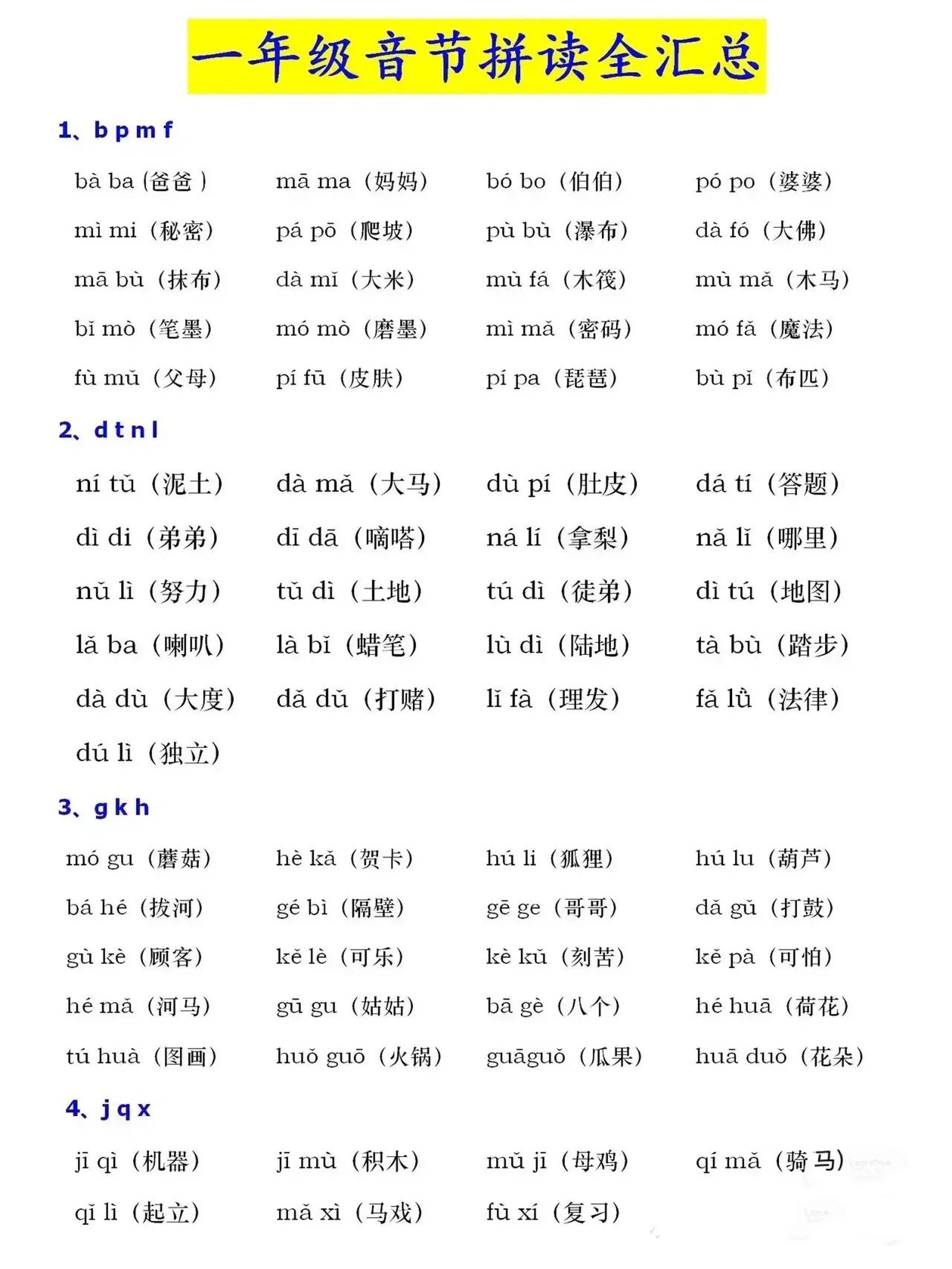 一年级上语文音节拼读全汇总