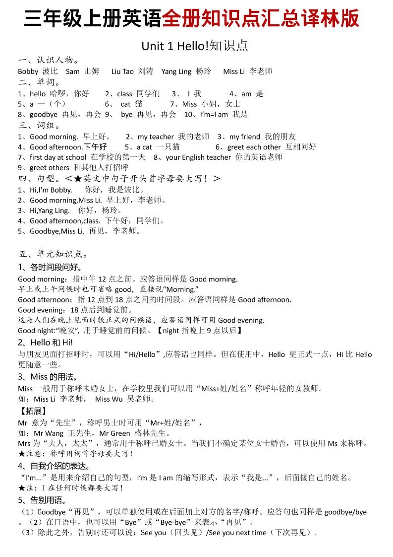 三年级上英语知识点汇总《译林版》-倾慕网