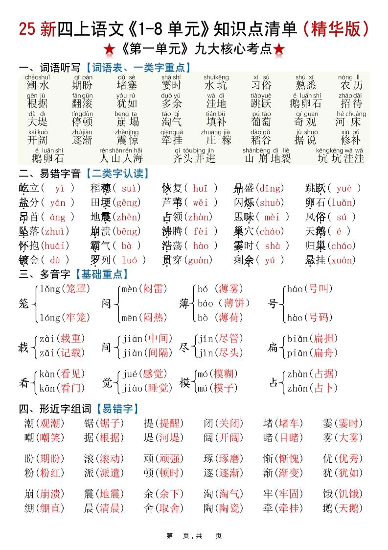 25新四上语文1-8单元知识点清单（精华版）九大核心考点23页-倾慕网
