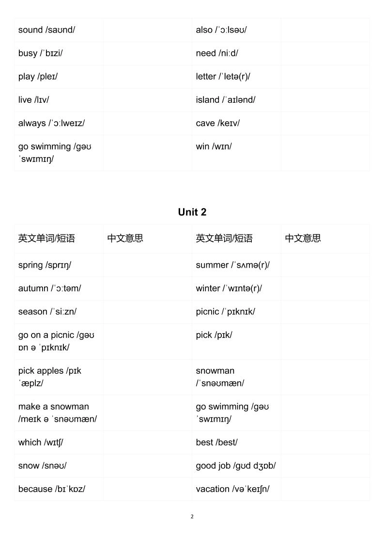 五年级下英语英汉互译练习《人教版PEP》