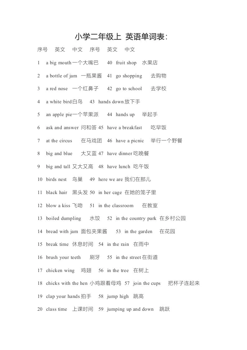 二年级英语上册单词表（人教版一起点）-倾慕网