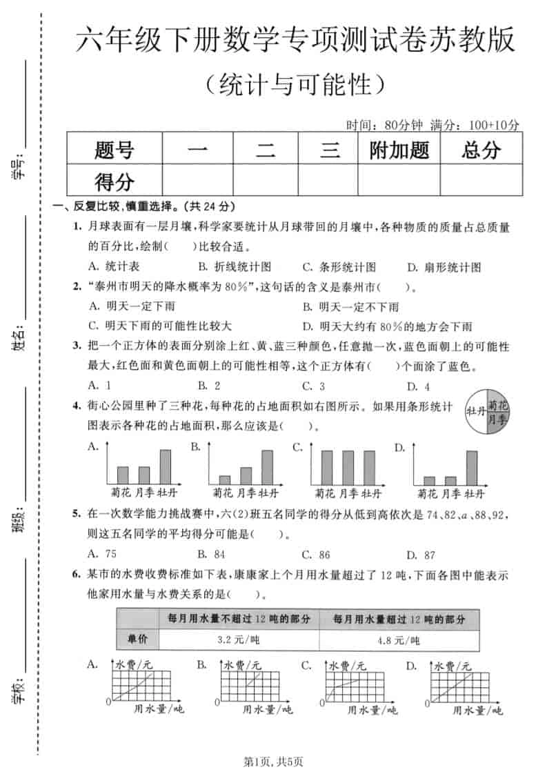 六年级下数学统计与可能性专项测试卷《苏教版》-倾慕网