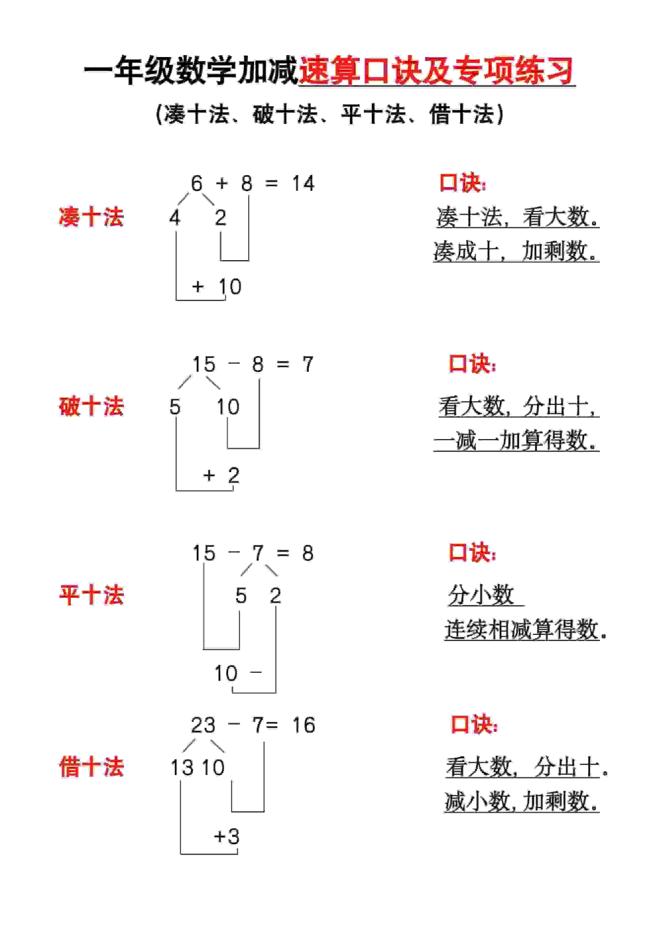 一年级下数学速算口诀及专练-倾慕网