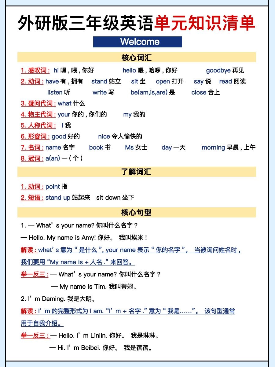 外研三上英语知识清单全-倾慕网