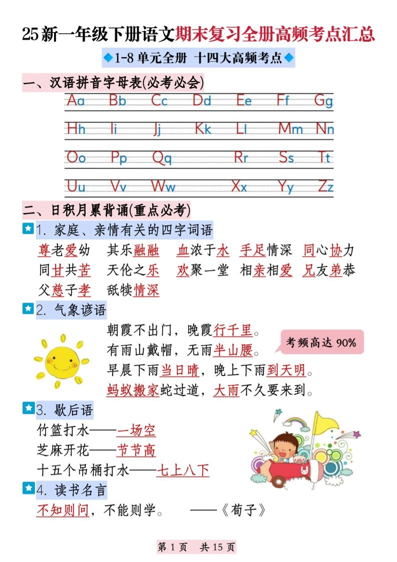 25新一下语文期末复习全册高频考点汇总（十四大高频考点）15页-倾慕网
