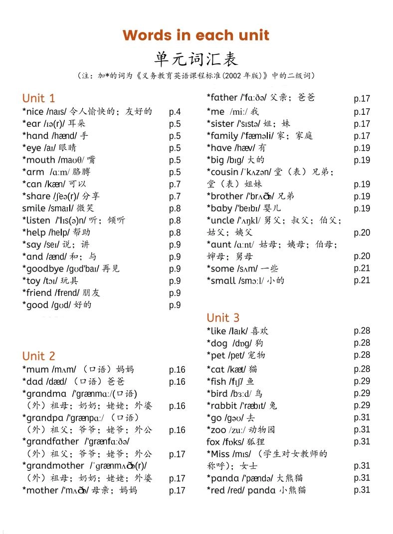 三上PEP英语单元词汇表-新版-倾慕网