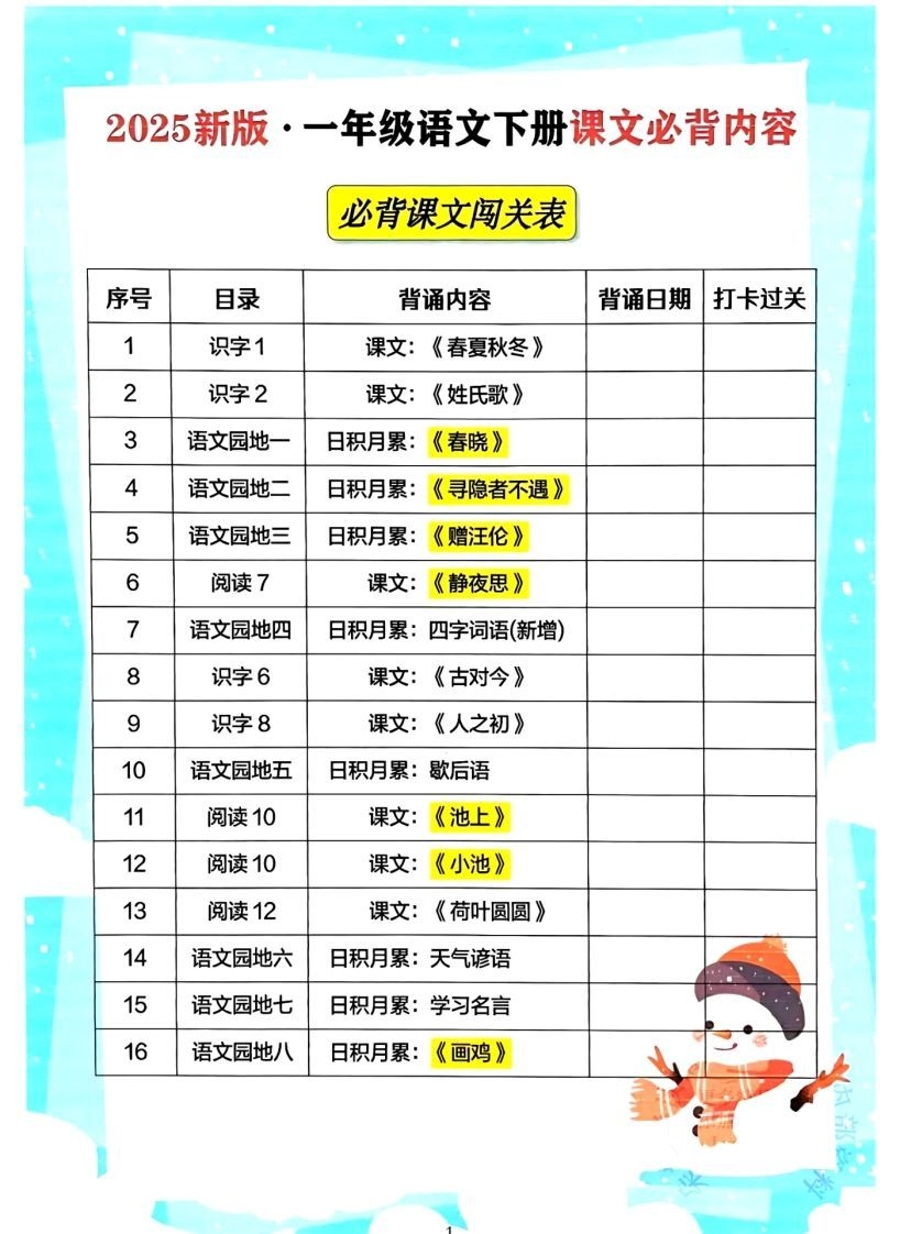 一年级下册语文必背课文_纯图版