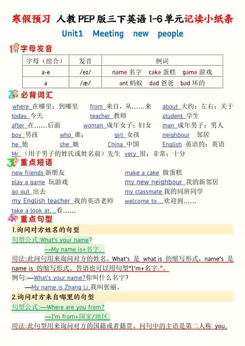 三年级下英语寒假预习1-6单元记读小纸条《人教版PEP》-倾慕网