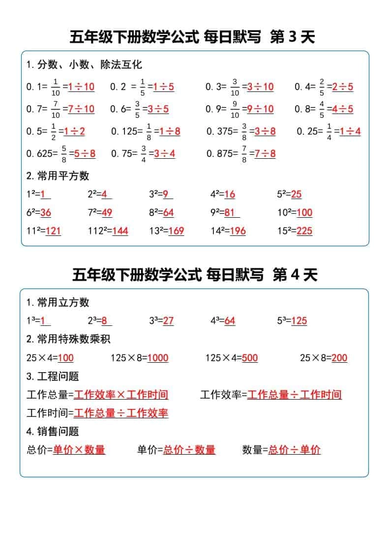 五年级下数学数学公式每日默写小纸条