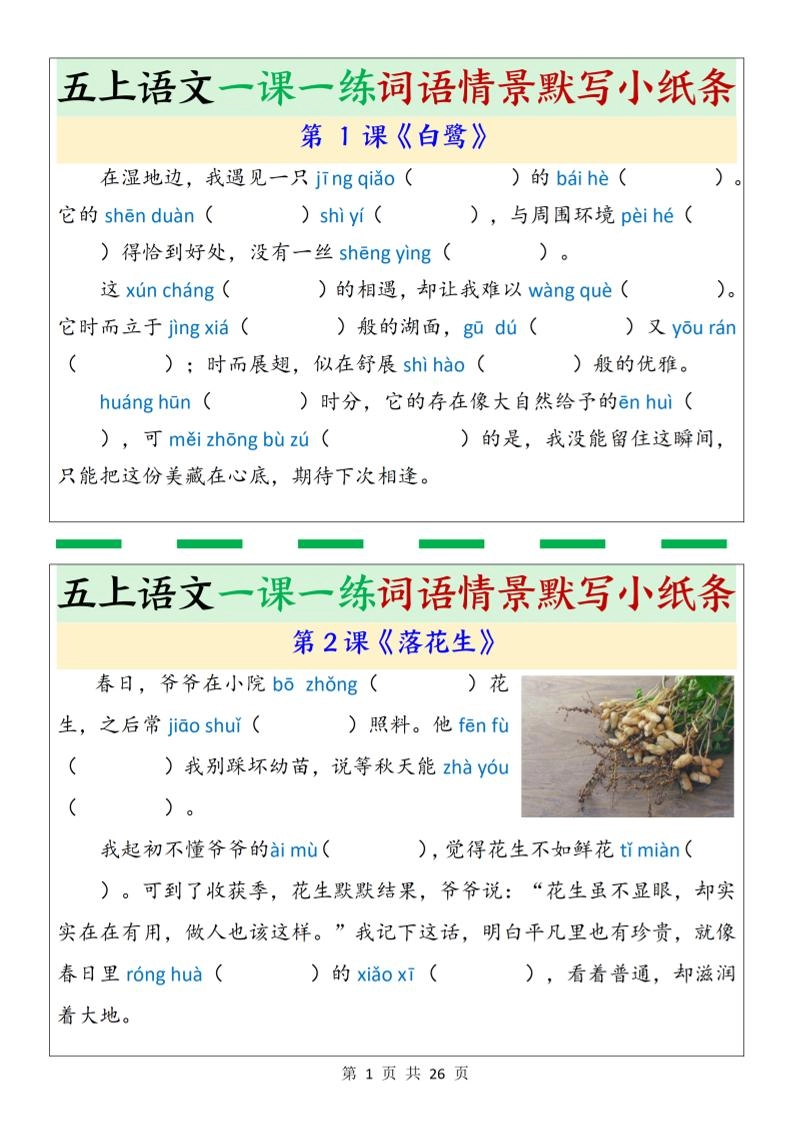 五上语文一课一练词语情景默写小纸条（含答案26页）-倾慕网