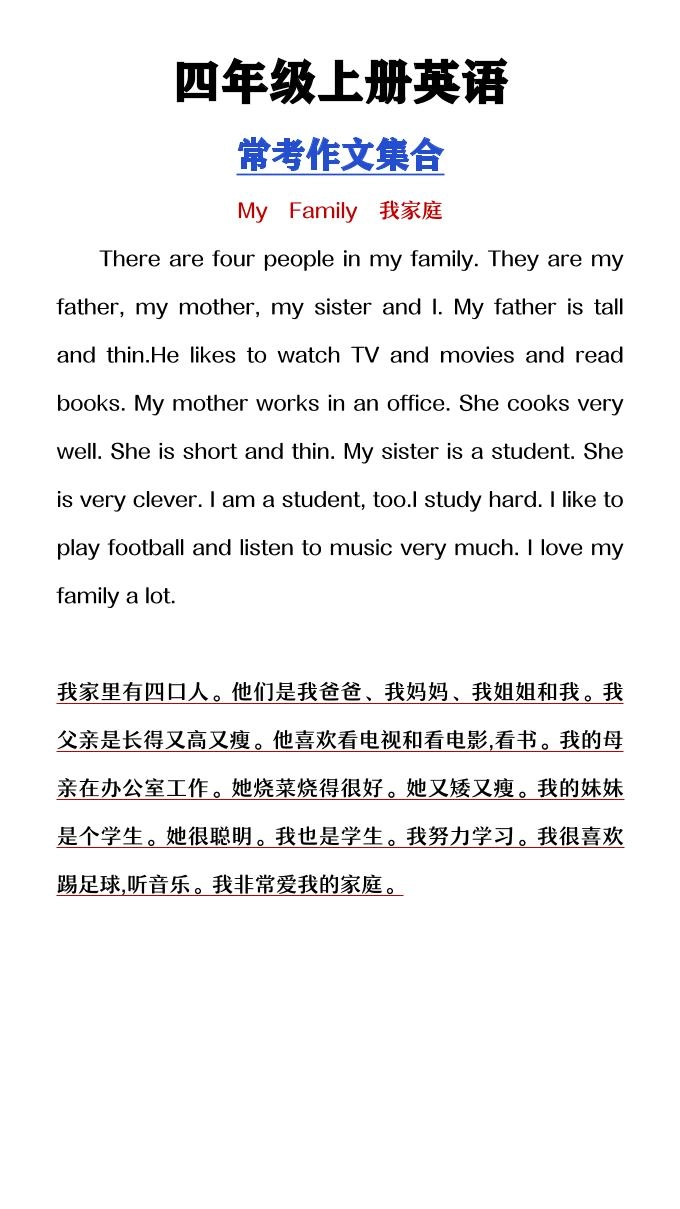 【2025秋新版】四年级上册英语常考作文合集