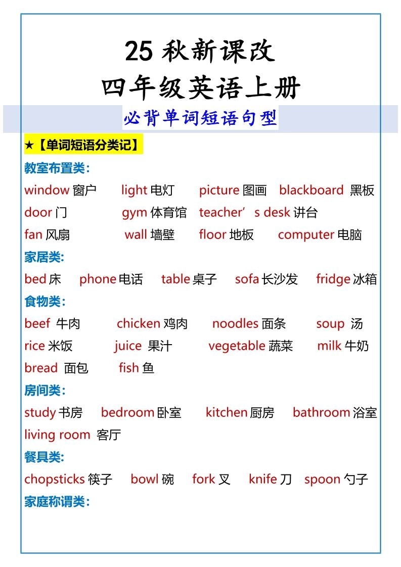 【2025秋新版】四年级英语上册必背单词短语句型-倾慕网