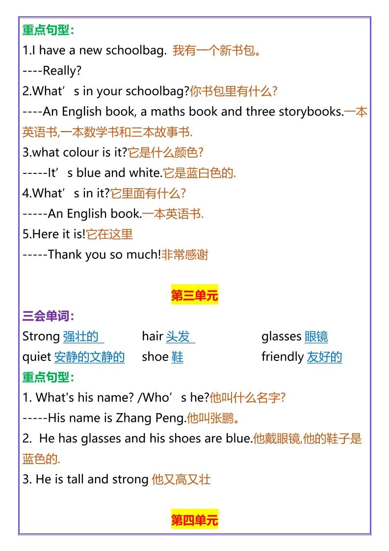 【2025秋新版】四年级上册英语Unit1-8重点知识