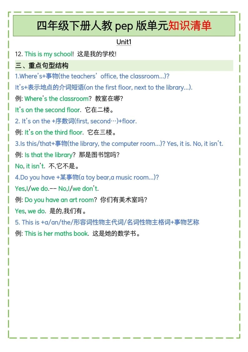 四下英语人教pep版单元知识清单