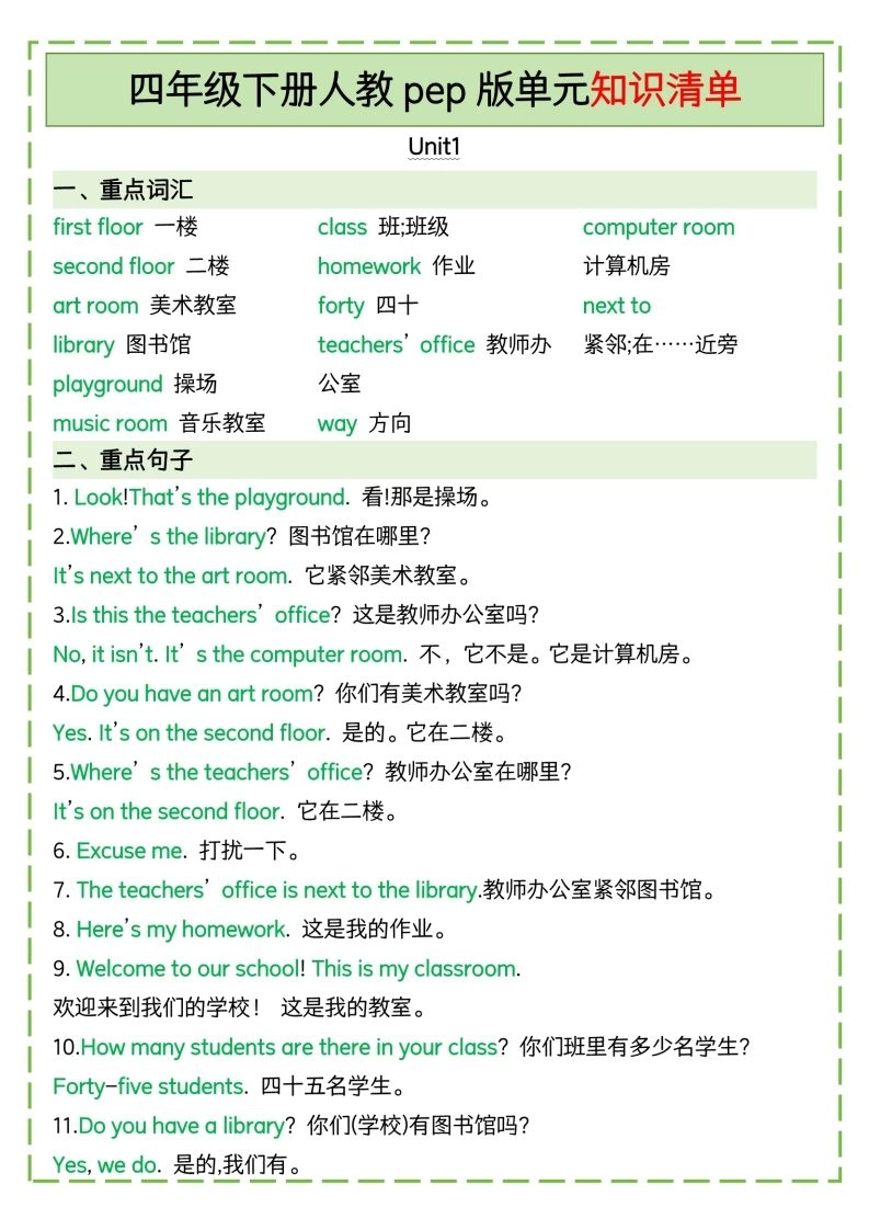 四下英语人教pep版单元知识清单-倾慕网