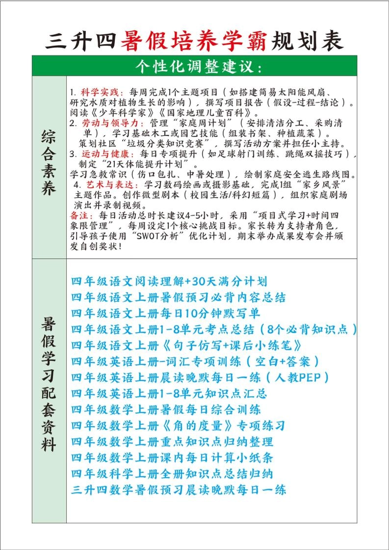 三升四暑假培养学霸规划表三下语文