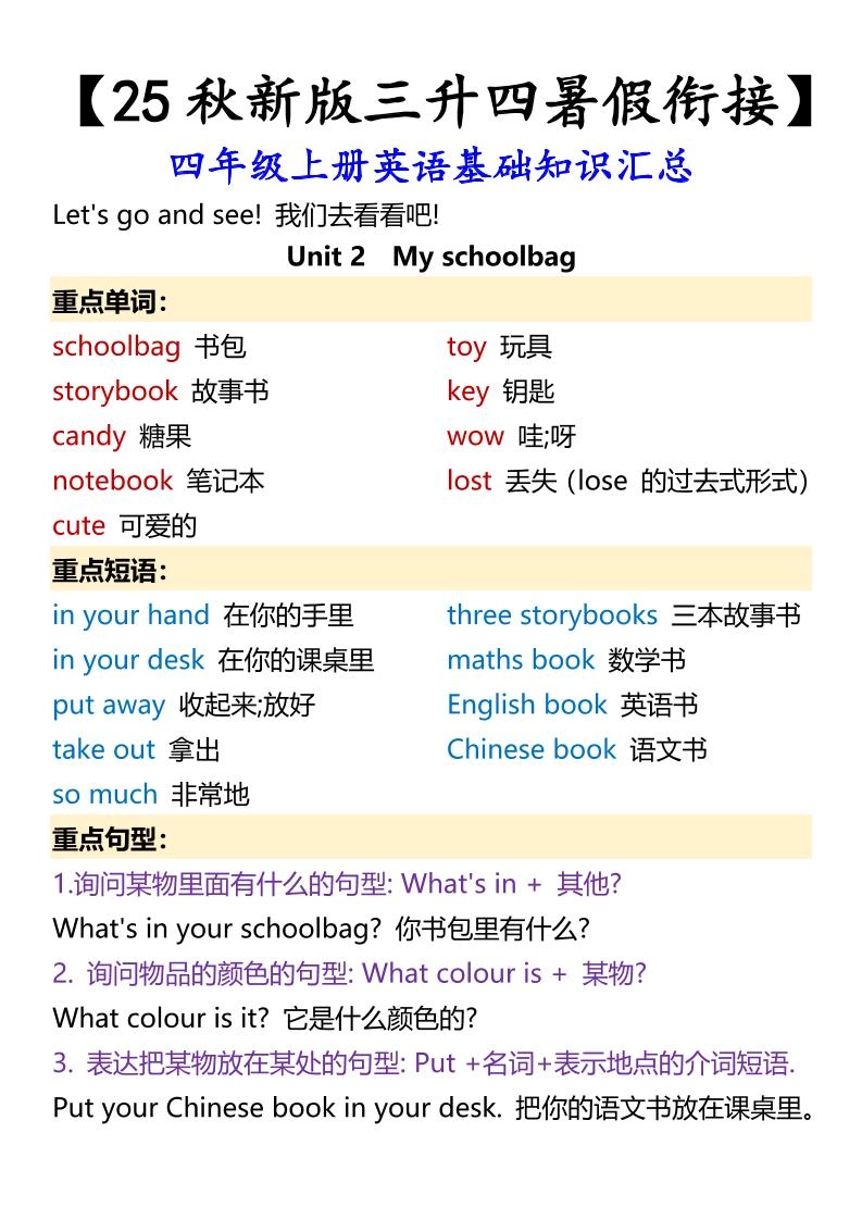 【2025秋新版】四年级上册英语基础知识汇总