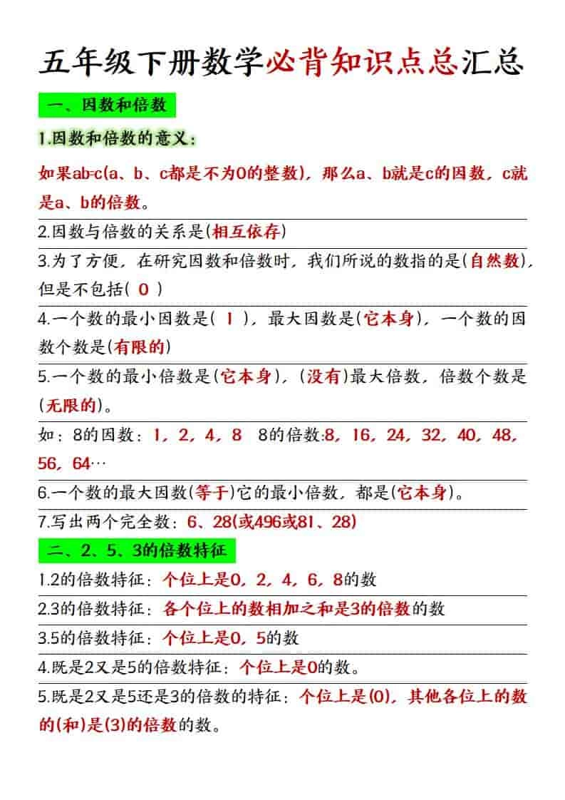 五年级下数学必背知识点总复习汇总《人教版》-倾慕网