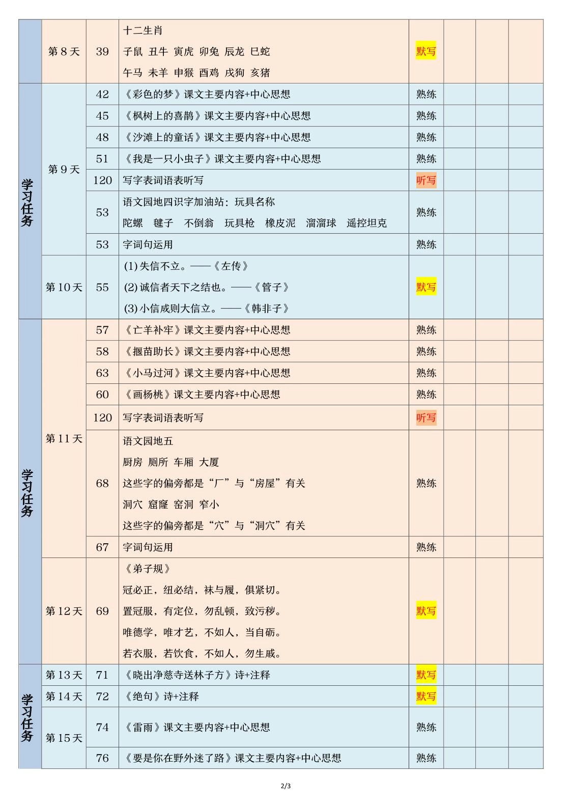 二下语文【期末三轮复习法闯关表】（3页）