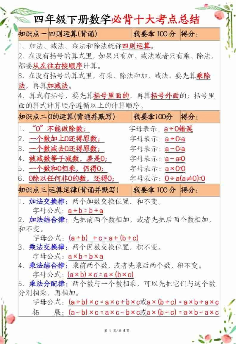 四年级下数学十大必背考点总结-倾慕网