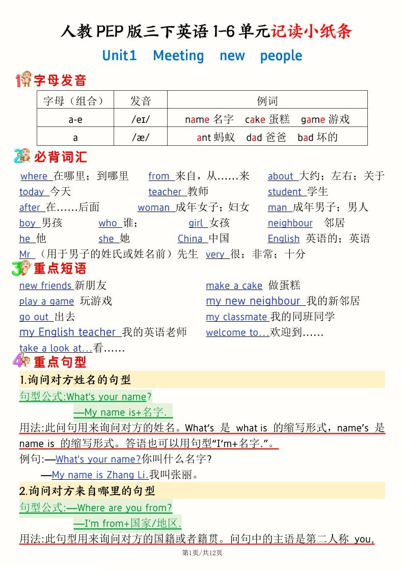 25新三下人教PEP版英语期末复习1-6单元记读小纸条(12页）-倾慕网