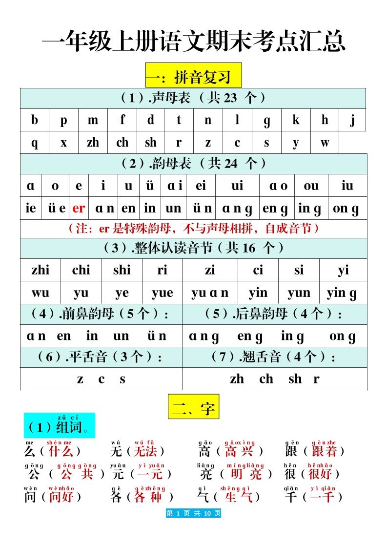 一年级上册语文期末考点汇总（10页）-倾慕网