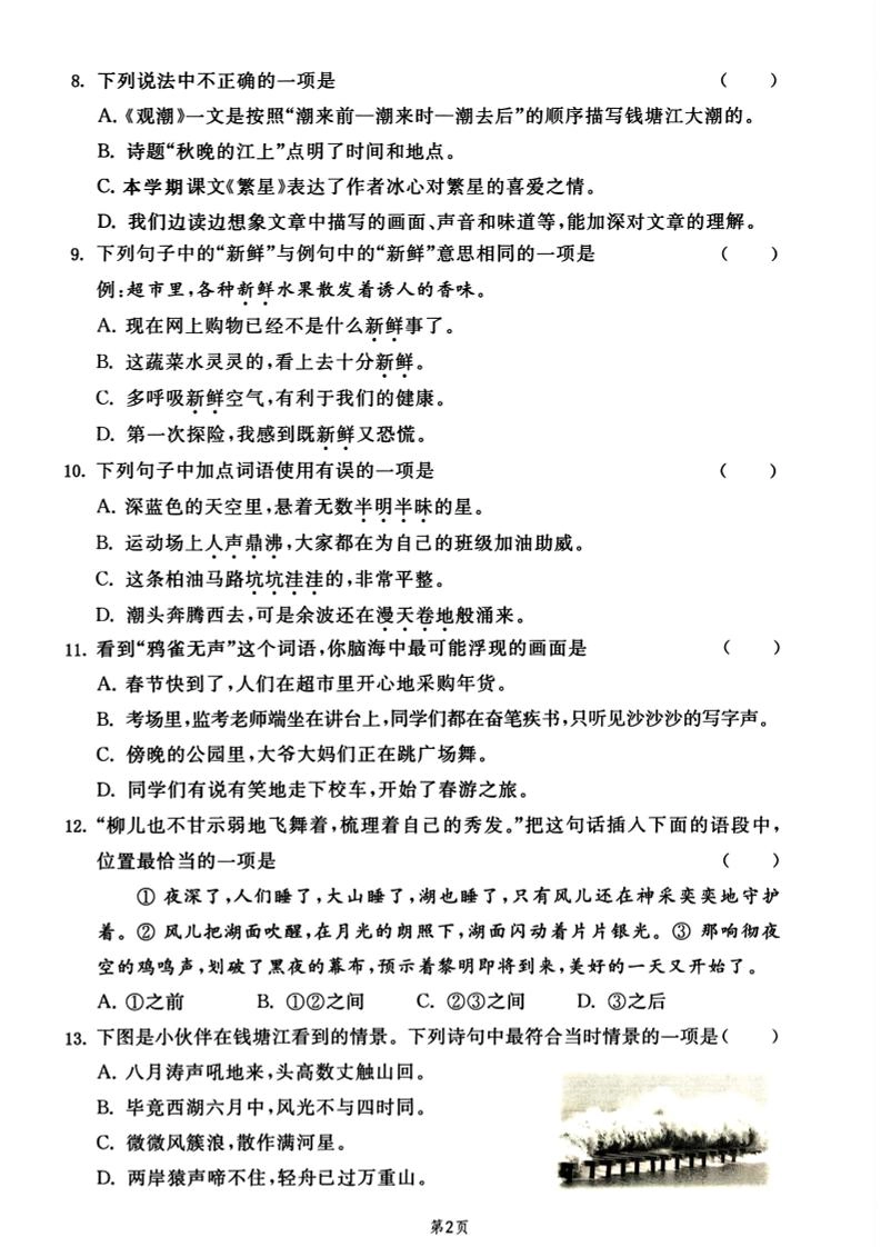 25秋四上语文期中基础提优选择题集训专项（含答案20页）