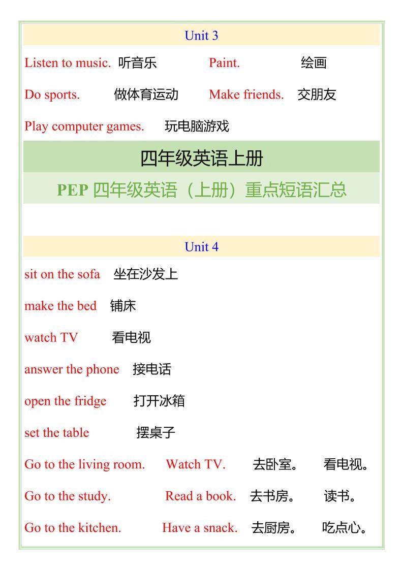 【2025秋新版】四年级英语（上册）重点短语汇总