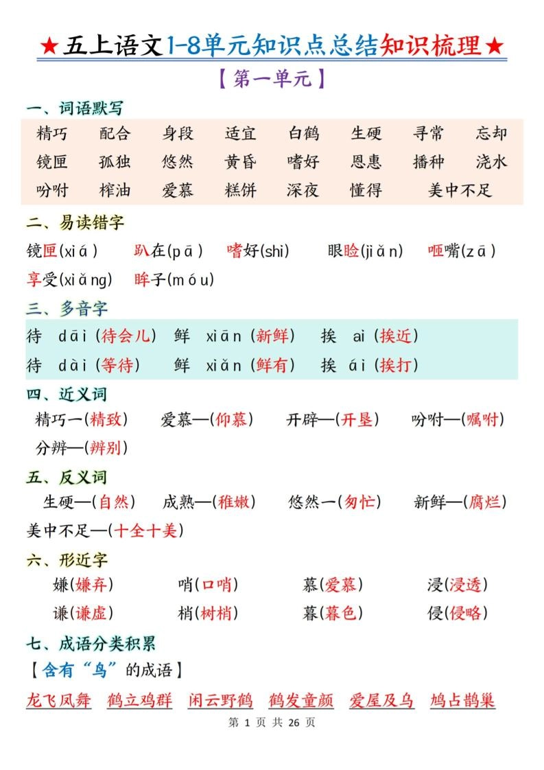 五上语文1-8单元知识点总结知识梳理26页-倾慕网