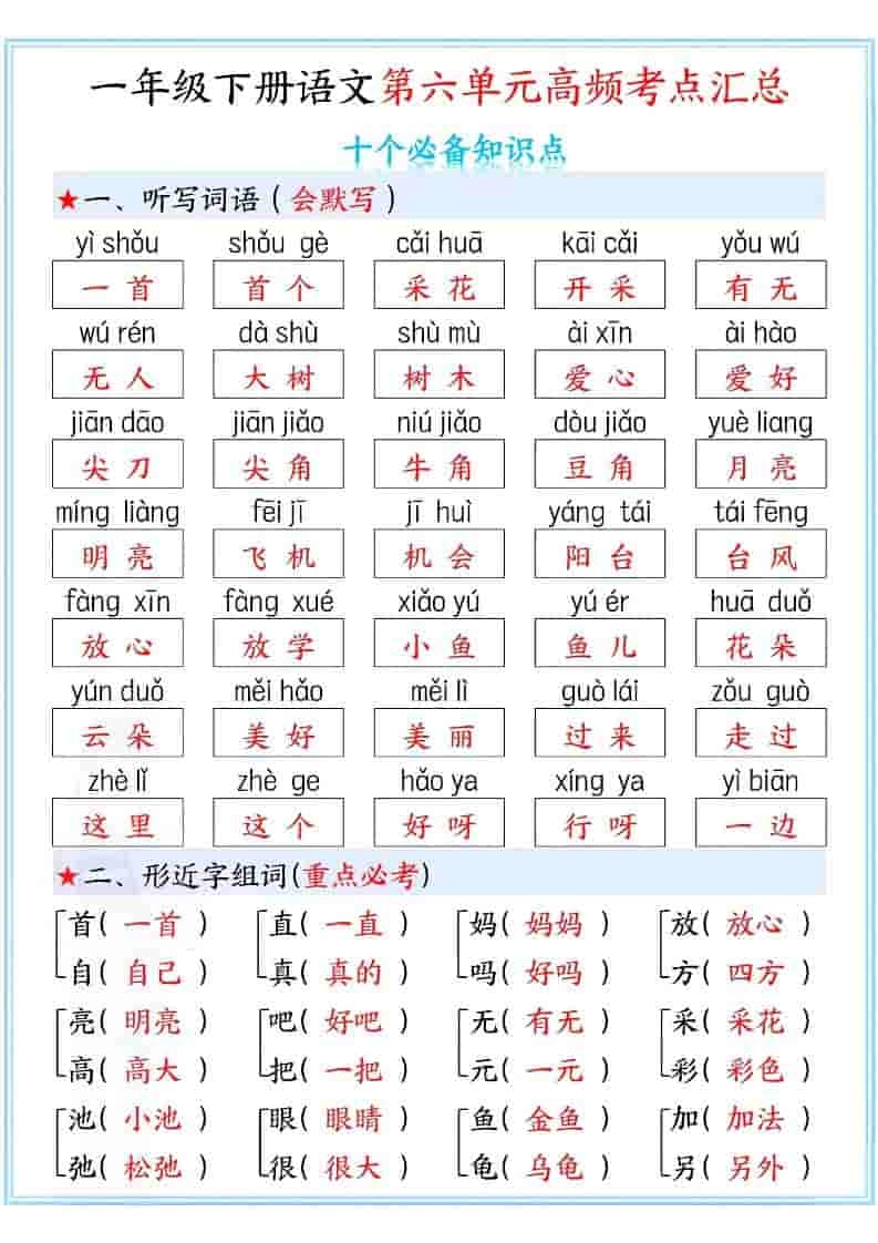 一年级下语文第六单元高频考点汇总-倾慕网