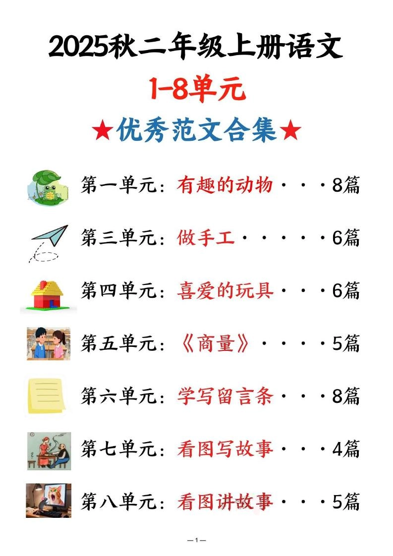 25秋二上语文1-8单元优秀范文合集（22页）-倾慕网