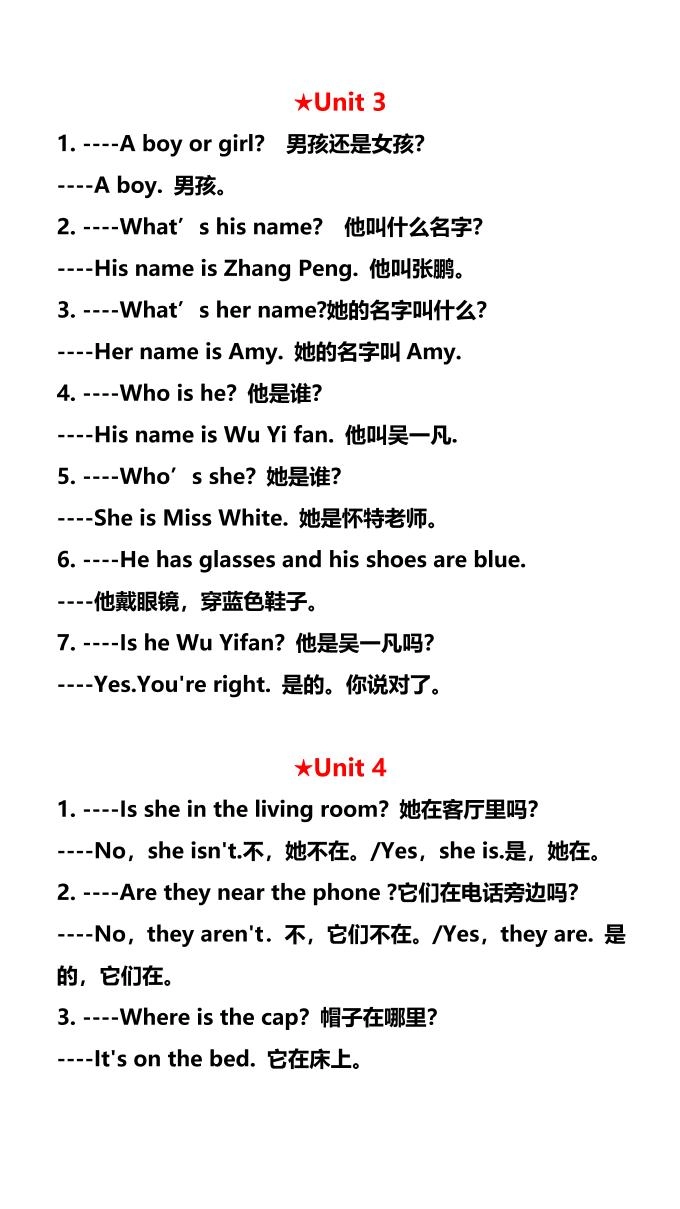 【2025秋新版】四年级英语上册各单元必须要掌握的重点句型