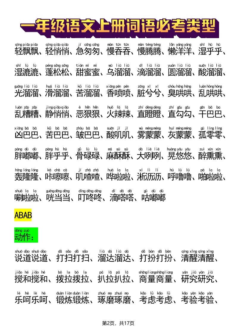 新一上语文词语必考类型(ABB、ABAB、AABB、ABCC、AABC、ABAC、ABCB类词语)17页-倾慕网