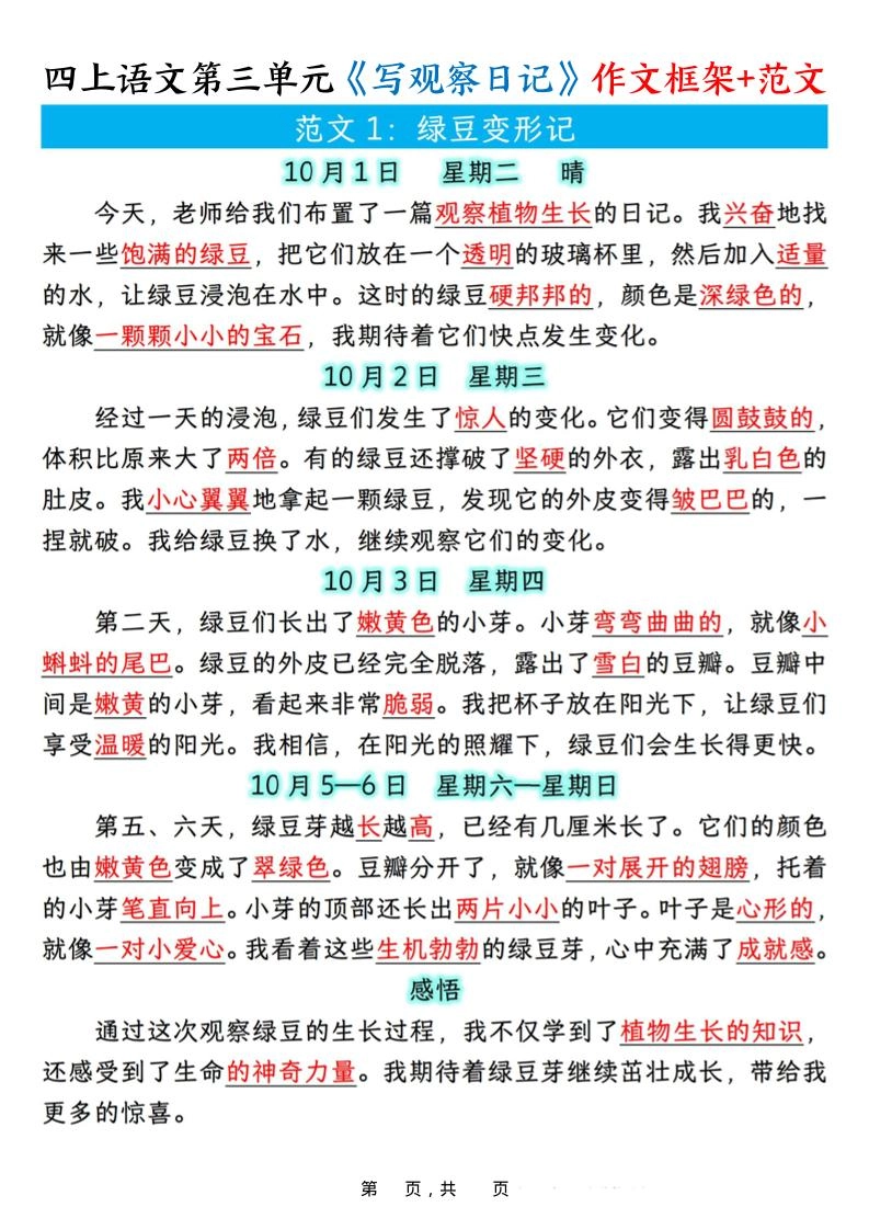 四上语文第三单元《写观察日记》作文支架＋优秀范文10页