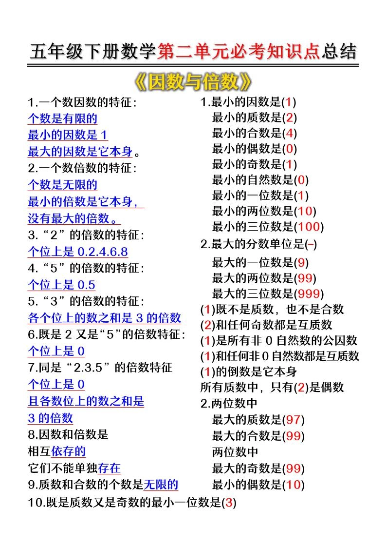 五年级下数学第二单元必考知识点总结-倾慕网