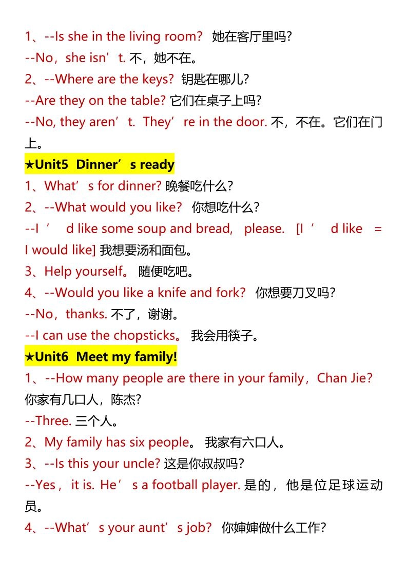 【2025秋新版】四上英语•常用表达重点句型