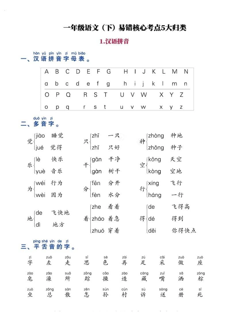 一年级下语文期末复习易错核心考点