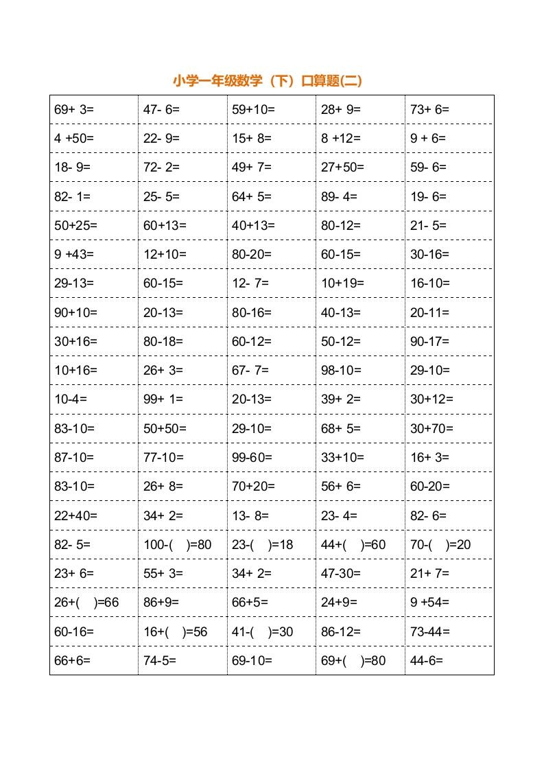 一年级下册数学暑假口算训练题18套（每页100道）