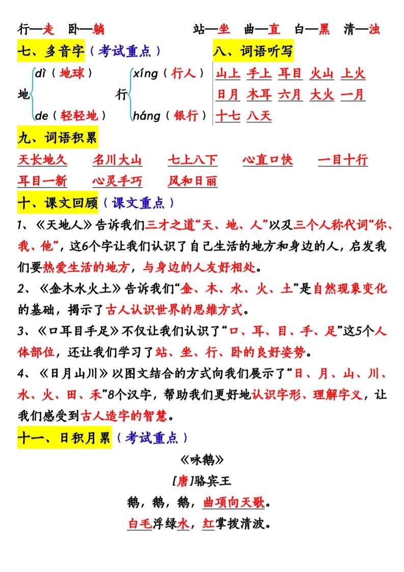 一上语文期中重点知识汇总-倾慕网
