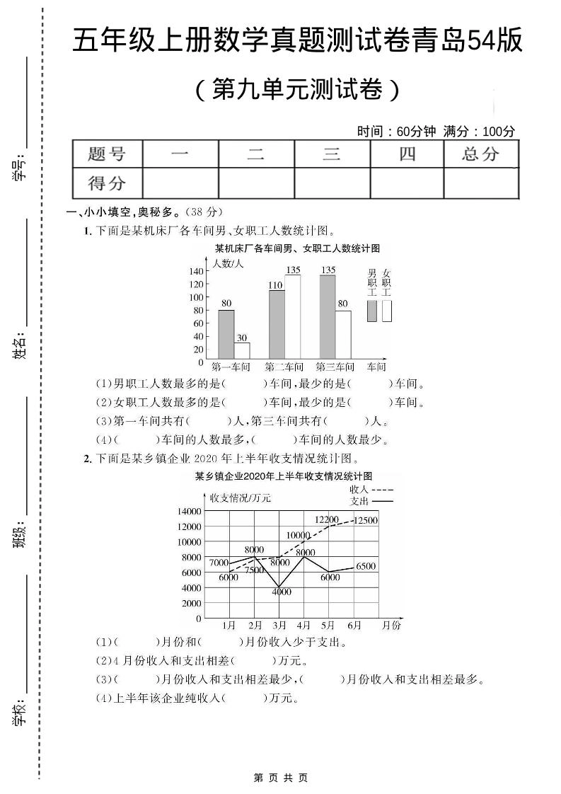 五年级上数学第九单元测试卷《青岛54版》-倾慕网