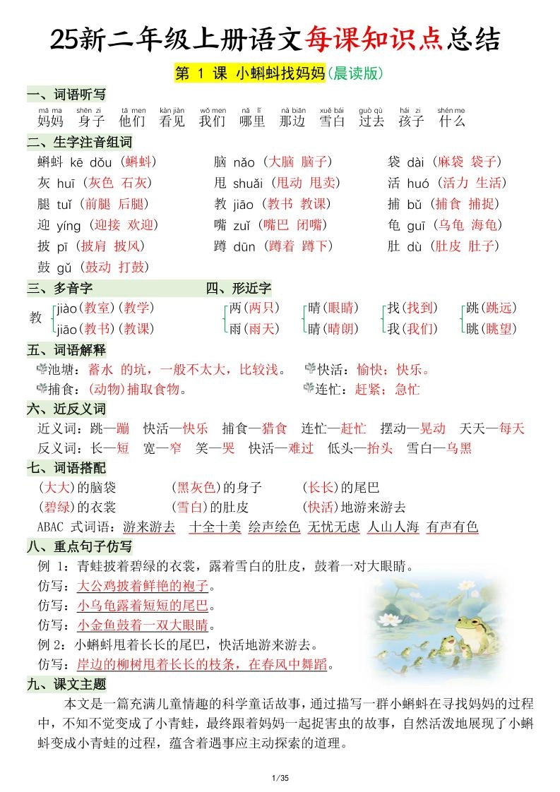 25新二年级上语文每课知识点总结-倾慕网