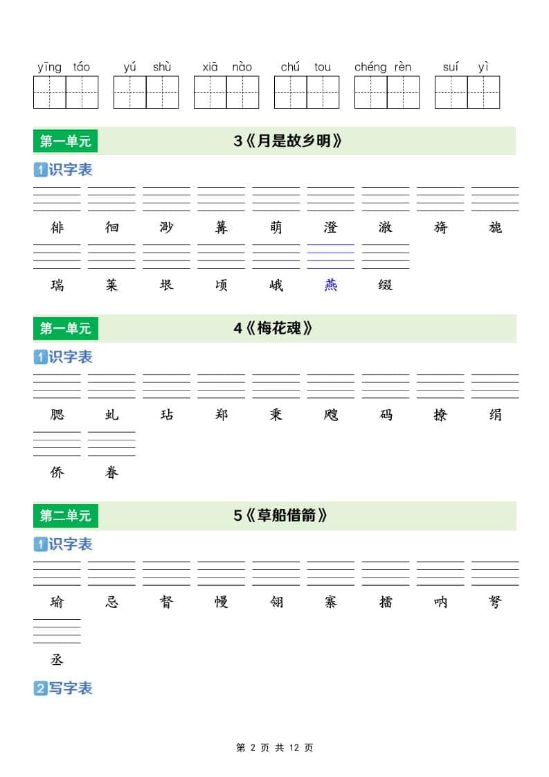 五年级下语文【识字表+写字表+词语表】专项练