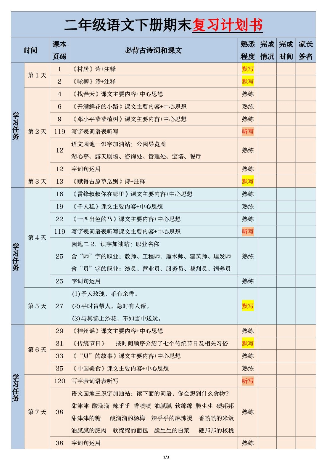 二下语文【期末三轮复习法闯关表】（3页）-倾慕网