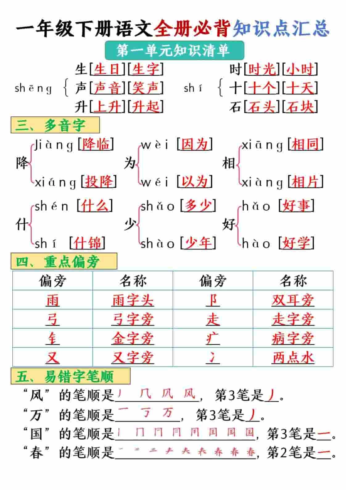 一年级下语文全册必背知识点汇总【共26页】