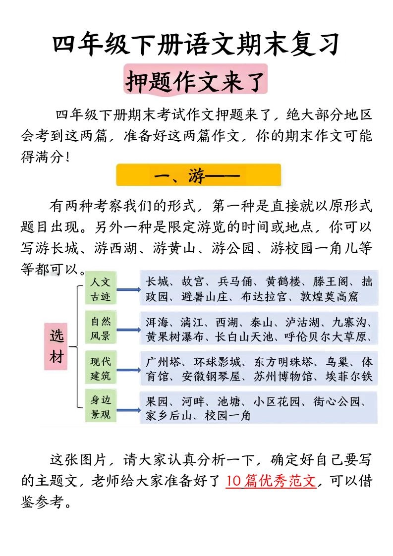 四年级下册语文期末复习押题作文-倾慕网