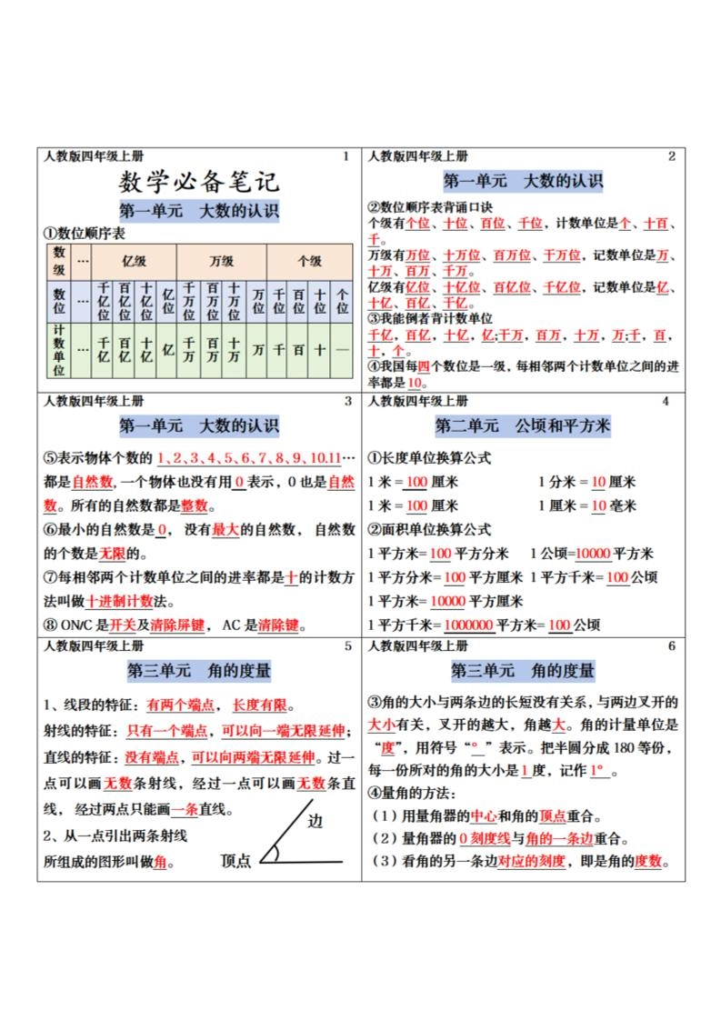 四年级上册数学课课贴-倾慕网