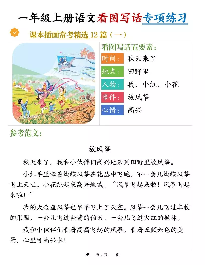 新一上语文看图写话专项练习常考精选12篇（含范文24页）
