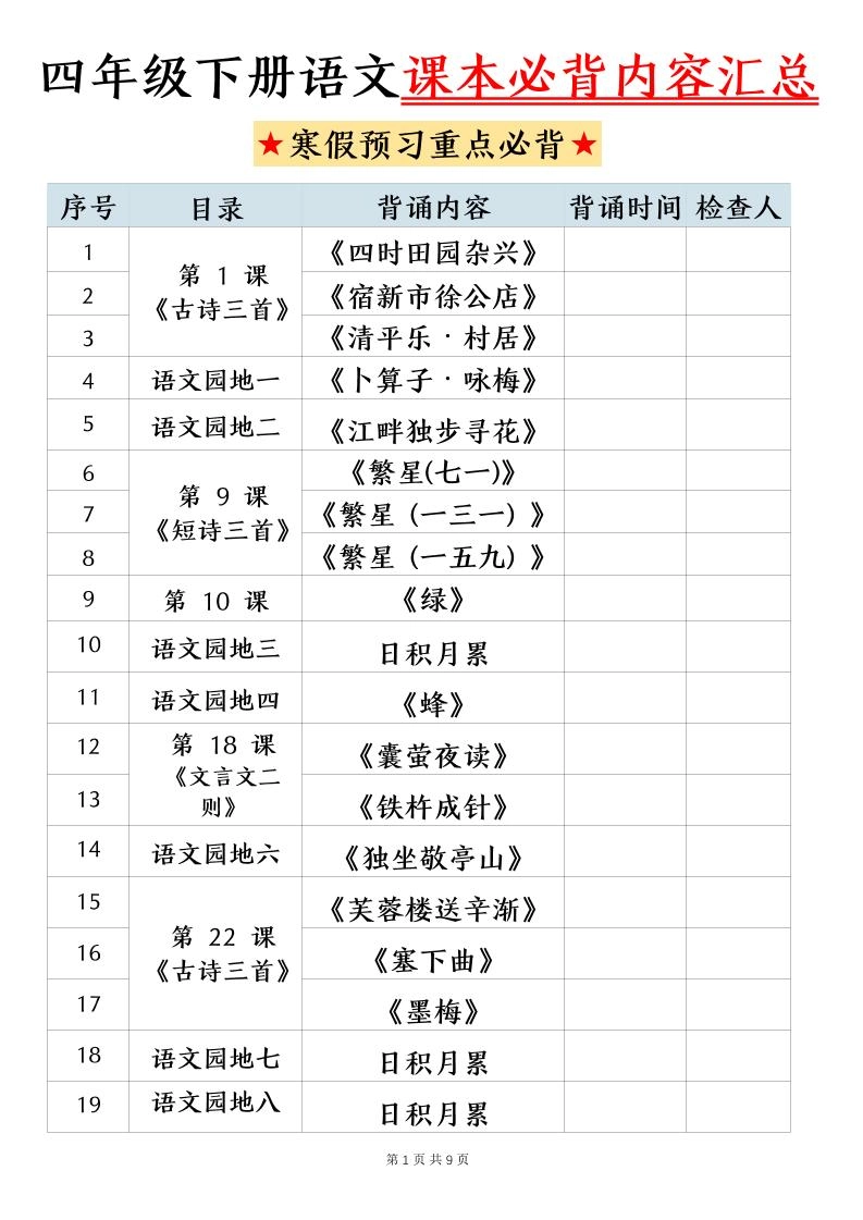 四下语文寒假预习课本必背内容汇总（9页）-倾慕网