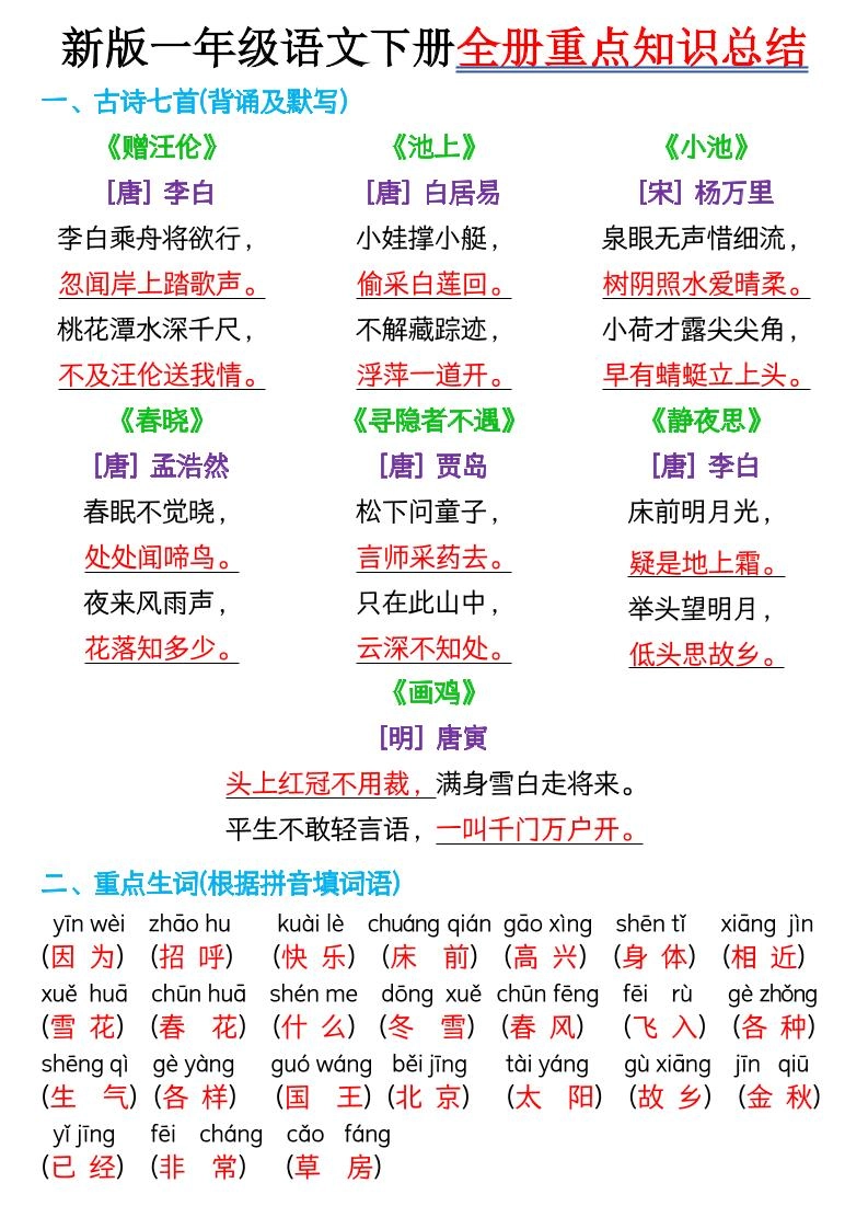 新版一年级语文下册全册重点知识总结-7页